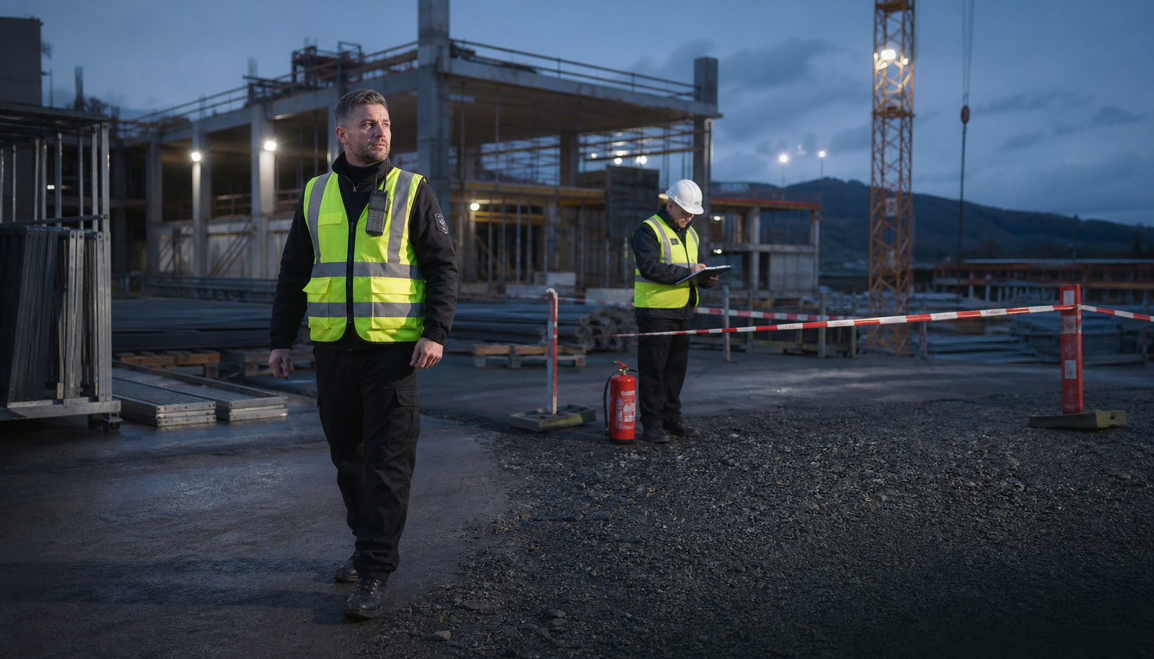 Sicherheits- und Brandwachenpersonal auf einer geordneten deutschen Gewerbebaustelle
