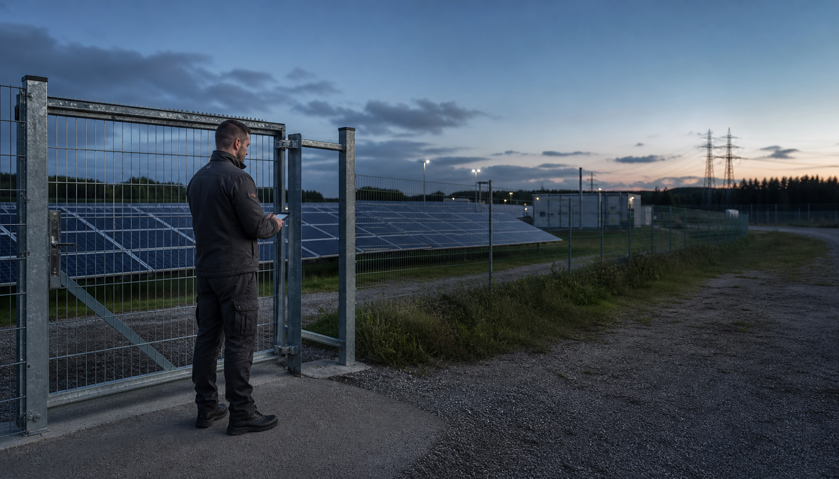 Sicherheitsdienst an einer modernen Photovoltaik-Großanlage und technischer Infrastruktur