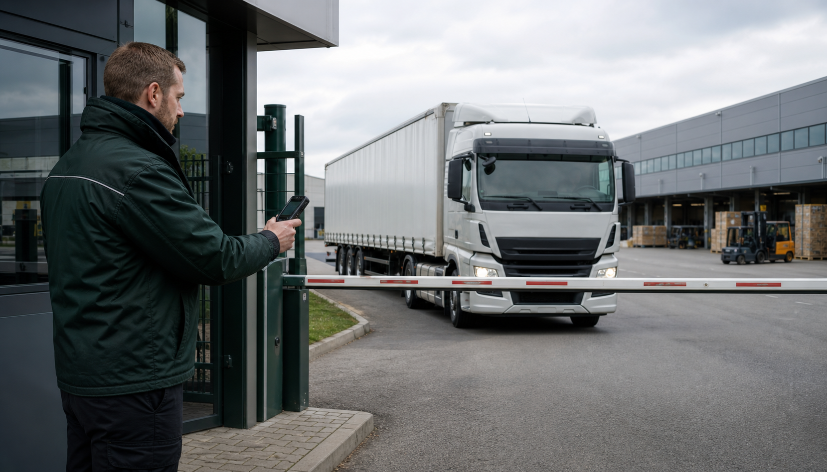 Sicherheitsdienst bei der Zugangskontrolle eines modernen Industrie- und Logistikstandorts