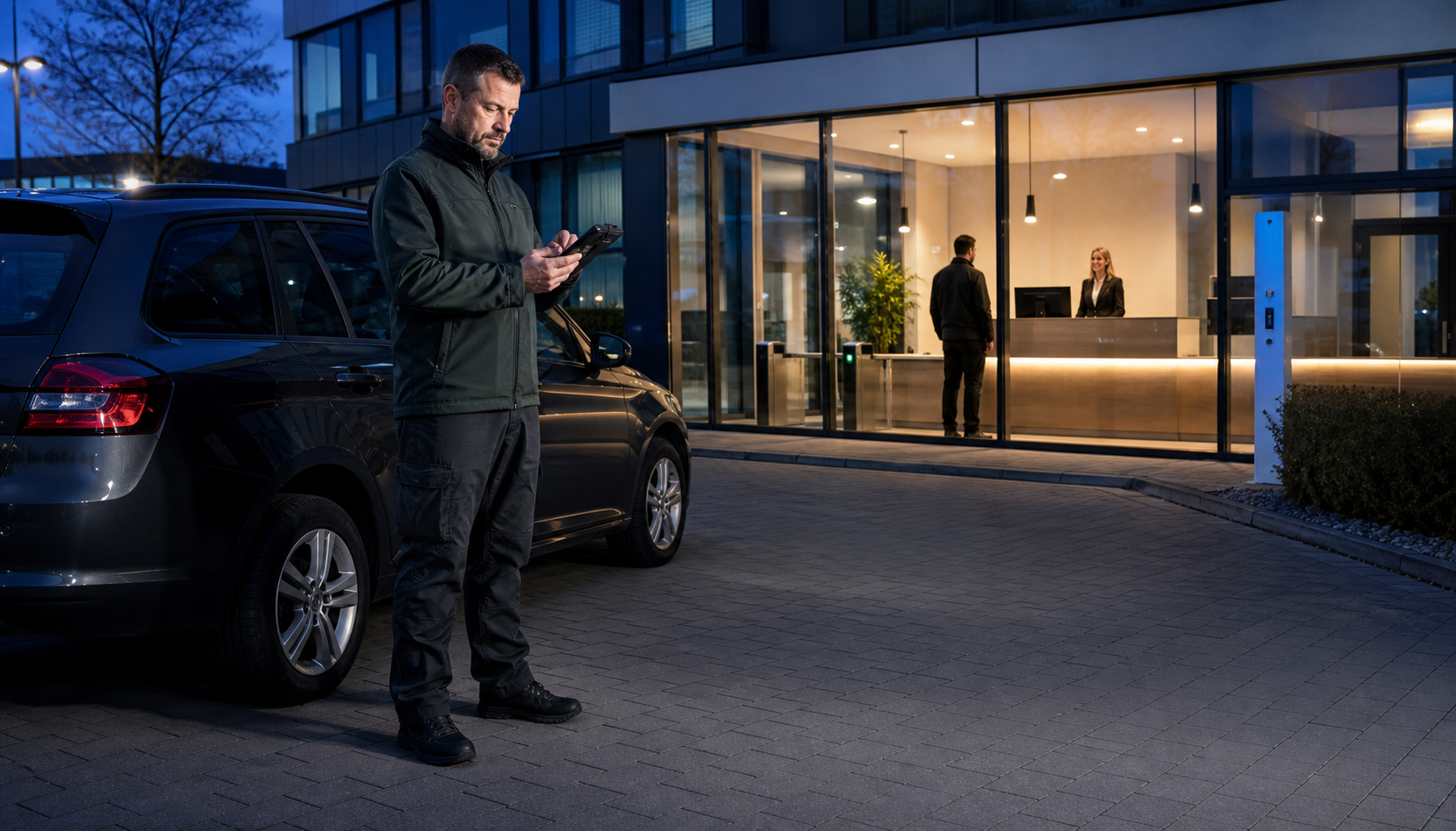 Mobiler Sicherheitsdienst und professioneller Empfang an einem modernen Gewerbestandort