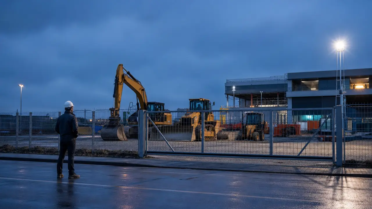 Sicherheitsfachkraft kontrolliert bei Dämmerung abgestellte Baumaschinen hinter einem geschlossenen Baustellentor