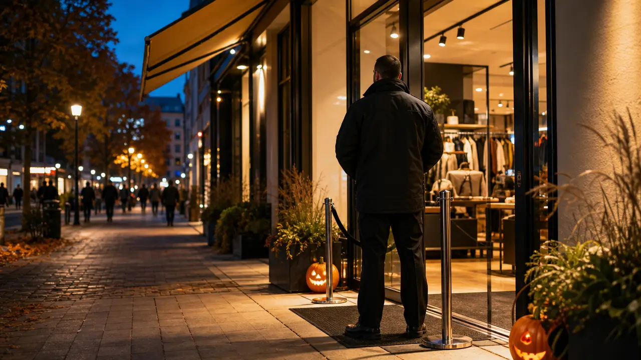 KI-generiertes Symbolbild einer Sicherheitskraft vor einem Geschäft in einer herbstlichen Fußgängerzone mit Halloween-Dekoration bei Abendlicht.