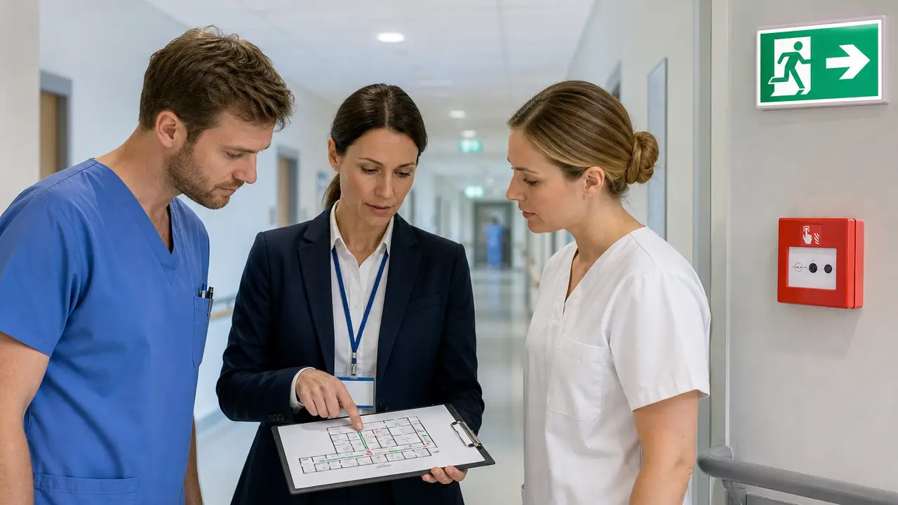 Klinikmitarbeitende prüfen in einem Krankenhausflur einen Räumungsplan; im Hintergrund sind Fluchtwegkennzeichnung und Brandmelder sichtbar.