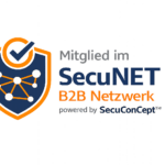 Logo des SecuNET B2B Netzwerks mit einem Schild und Netzwerk-Symbol, powered by SecuConCept.