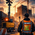 Sicherheitsmitarbeiter in leuchtorangefarbener Weste mit dem Aufdruck SecuConCept vor einer Baustelle mit Mobilkameratürmen, Krane und Baugerüsten während der Dämmerung