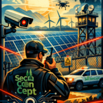Illustration eines Sicherheitsdienstes von SecuConCept mit Überwachungskamera und Drohne in einer Landschaft mit Solarpanels.
