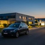 Volkswagen SUV geparkt vor modernen Bürogebäuden mit beleuchteten Fenstern in der Dämmerung.