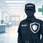Uniformierter Sicherheitsdienstmitarbeiter im Krankenhaus mit einem Schild auf der Brust und dem Wort 'SECURITY' auf der Mütze.