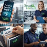 Sicherheitszentrum von SecuConcept mit Mitarbeitern in blauen Polohemden, mehreren Überwachungsmonitoren, einem Organizer und einem Smartphone-Bildschirm mit Cyber Security News und SecuConcept-Logo