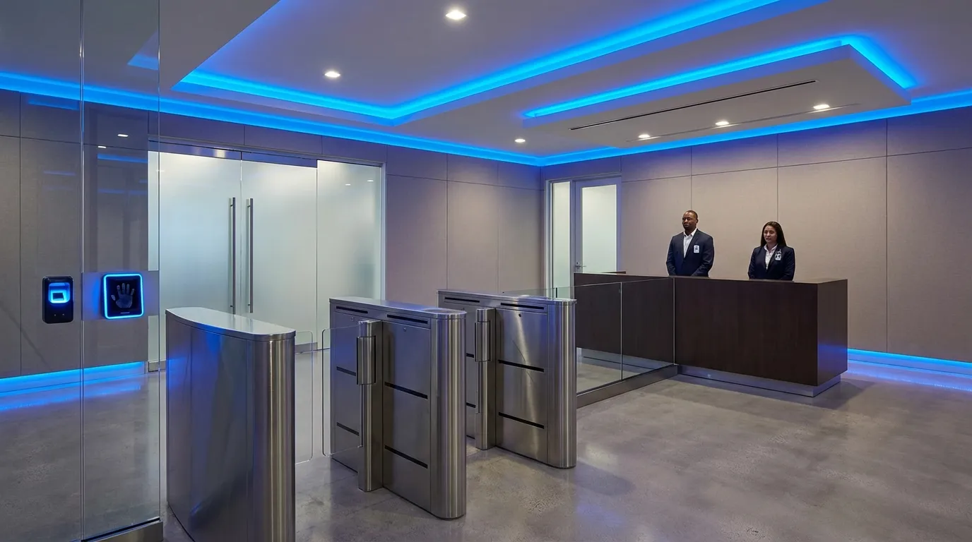Moderner Empfangsbereich eines Rechenzentrums mit blaulicht LED-Leiste, Glaswänden, zwei Sicherheitsmitarbeitern hinter dem Empfangstresen und rotierenden Drehkreuzen aus Edelstahl