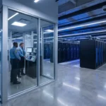 Sicherheitsdienste im Rechenzentrum: zwei Mitarbeiter in Uniform prüfen ein Kontrollterminal vor Glaswänden, Serverrack-Cluster im Hintergrund, blaue Beleuchtung und glänzende Boden- und Metalloberflächen