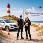 Bei der Drohnenüberwachung 2026 im Außenbereich sind Mitarbeitende von SecuConcept vor einem orange-weißen Leuchtturm zu sehen, während eine Drohne im Flug ist.