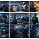 In der Nacht sind Sicherheitskräfte in Uniformen an mehreren Einsatzorten zu sehen, mit Beschriftungen wie Objektschutz, Baustellenbewachung, Brandwache und Empfangsdienst.