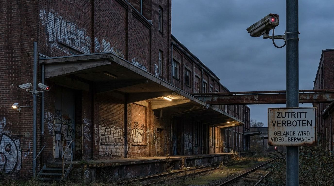 Leerstehendes Industriegebäude mit Sicherheitsmaßnahmen