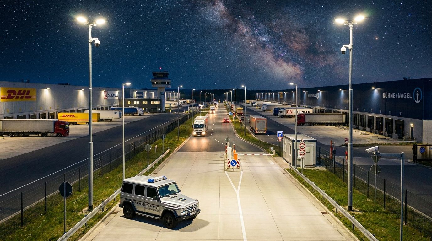 Logistikzentrum bei Nacht mit Sicherheitsmaßnahmen