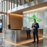 Pförtner 2026 Empfangsdienste für Sicherheit & Service mit SecuConCept Empfangstheke in moderner Lobby, Mitarbeiter im Anzug am Check-in.
