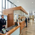 Sicherheitsdienst für Kommunalverwaltungen mit Pförtner- und Empfangsdiensten am Empfang im Bürgeramt, NRW, helle Holz- und Glasumgebung, Technik und Videoüberwachung