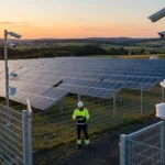 SecuConCept Security überwacht PV-Großanlagen mit Kamerasystemen und Zaunring; Arbeiter in gelb-s reflectorischer Warnkleidung steht vor einem großen Solarpark