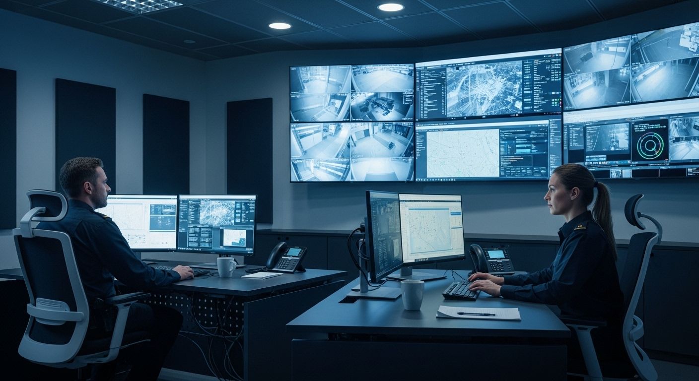 Sicherheitsleitstelle mit Monitoren