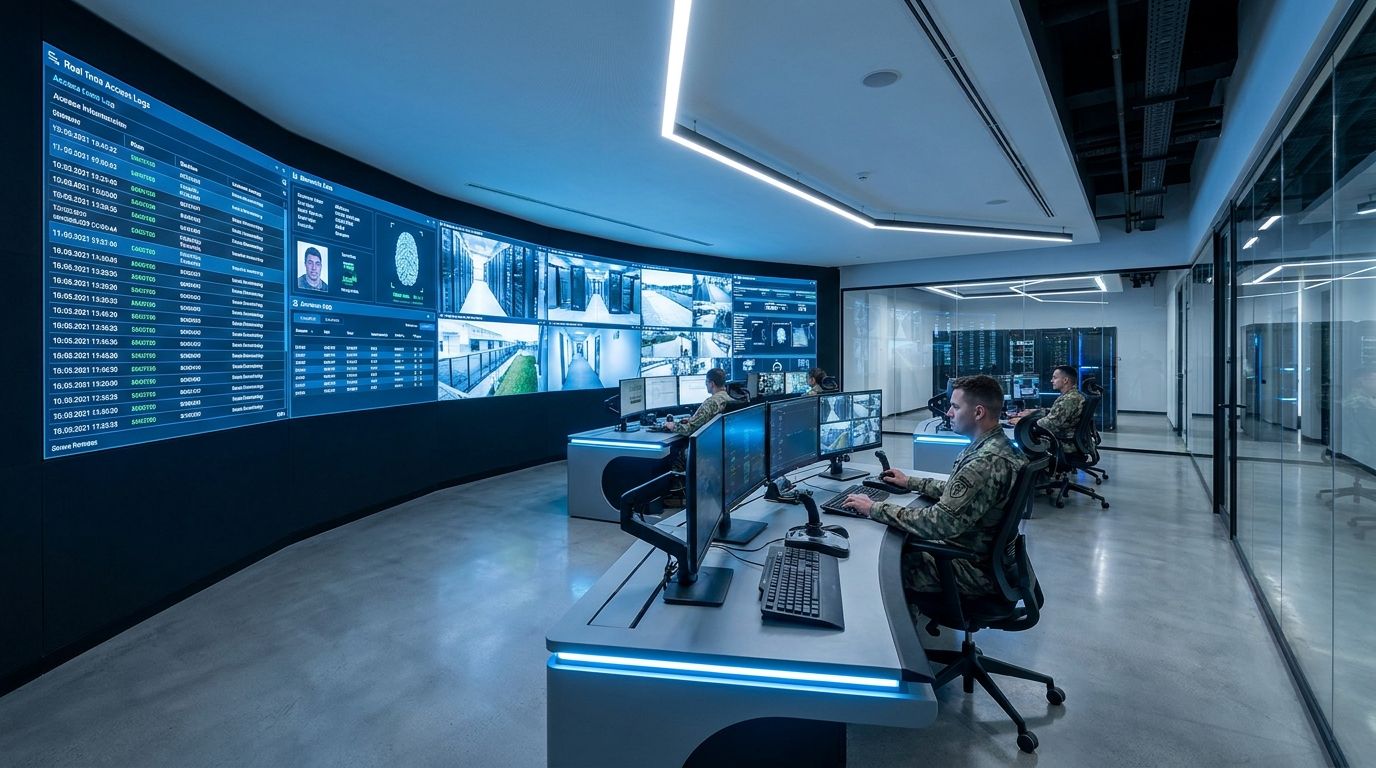 Sicherheitsleitstelle mit Monitoren und Zutrittsdaten