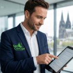 Im Büro erklärt ein Verantwortlicher mit dunkelblauem Anzug die Anforderungen für den §34a GewO Sicherheitsdienst anhand eines Tablets mit Dokumenten.