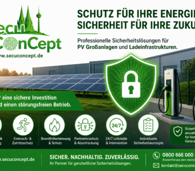 Grüne SecuConCept-Werbegrafik mit Solaranlage, Ladesäulen und Schloss-Symbol für Schutz von PV-Großanlagen und Ladeinfrastruktur in Deutschland.