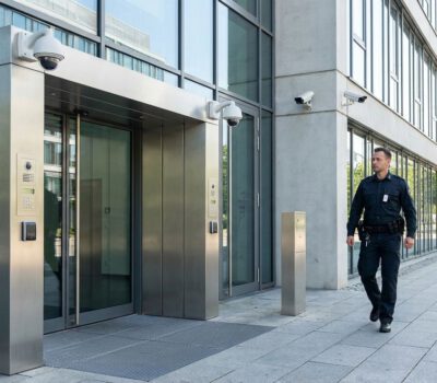 Vor einem modernen Bürogebäude mit Glasfassade kontrolliert ein Sicherheitsmitarbeiter den Eingang neben Überwachungskameras und Zutrittskontrolle.
