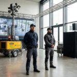 Zwei Sicherheitsmitarbeiter von SecuConCept überwachen in einer Veranstaltungshalle die Technik, während Kameras und Monitore den Bereich absichern.