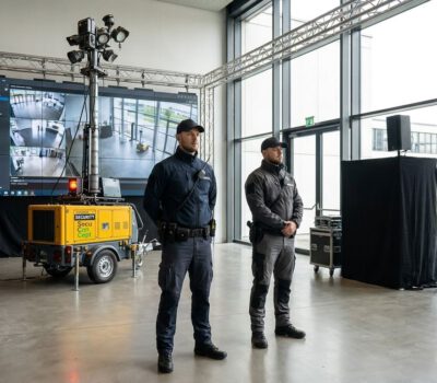 Zwei Sicherheitsmitarbeiter von SecuConCept überwachen in einer Veranstaltungshalle die Technik, während Kameras und Monitore den Bereich absichern.