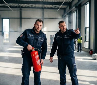 Zwei SecuConCept-Mitarbeiter besprechen in einer Halle die Brandwache und halten einen roten Feuerlöscher für den Einsatz bereit.