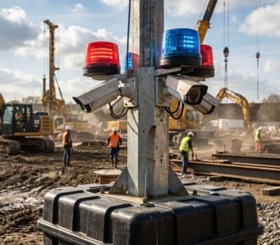 Ein Kameraturm mit roten und blauen Warnleuchten überwacht eine Baustelle mit Baggern, Kränen und Arbeitern bei der mobilen Videoüberwachung.