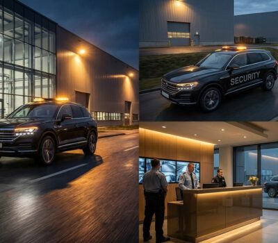 Bei Nacht patrouilliert ein Security-SUV an Industriehallen, während Sicherheitskräfte an der Rezeption und vor dem Gebäude Präsenz zeigen.