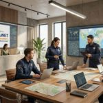 In einem modernen Lagezentrum planen SecuNet-Teams mit Karten, Laptops und Monitoren bundesweite Sicherheitsdienste für koordinierte Einsätze.