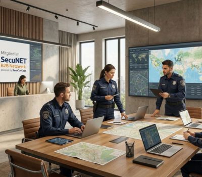 In einem modernen Lagezentrum planen SecuNet-Teams mit Karten, Laptops und Monitoren bundesweite Sicherheitsdienste für koordinierte Einsätze.