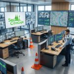 Ein Sicherheitsmitarbeiter überwacht in der SecuConCept Leitstelle mehrere Monitore mit Karten, Videobildern und KPI-Dashboards zu Sicherheitsberatung 2026.