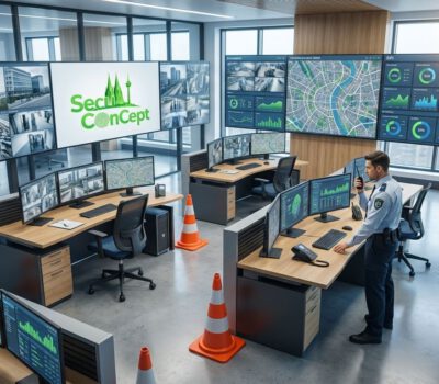 Ein Sicherheitsmitarbeiter überwacht in der SecuConCept Leitstelle mehrere Monitore mit Karten, Videobildern und KPI-Dashboards zu Sicherheitsberatung 2026.