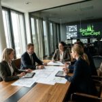 In einem gläsernen Konferenzraum bespricht ein Team bei SecuConCept die Risikoanalyse, das Sicherheitskonzept und die Strategie für den Mittelstand 2026.