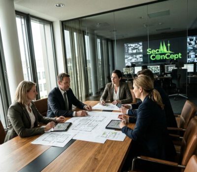 In einem gläsernen Konferenzraum bespricht ein Team bei SecuConCept die Risikoanalyse, das Sicherheitskonzept und die Strategie für den Mittelstand 2026.