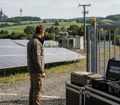 Ein Mann steht vor einem eingezäunten Solarpark mit Schaltschränken, während rechts geöffnete Koffer mit der Aufschrift "Incident Response" liegen.