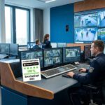 In einer modernen Leitstelle überwachen SecuConCept-Sicherheitskräfte mehrere Kamerabilder, während KI-gestützte Analysen verdächtige Bewegungen markieren.