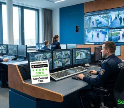 In einer modernen Leitstelle überwachen SecuConCept-Sicherheitskräfte mehrere Kamerabilder, während KI-gestützte Analysen verdächtige Bewegungen markieren.