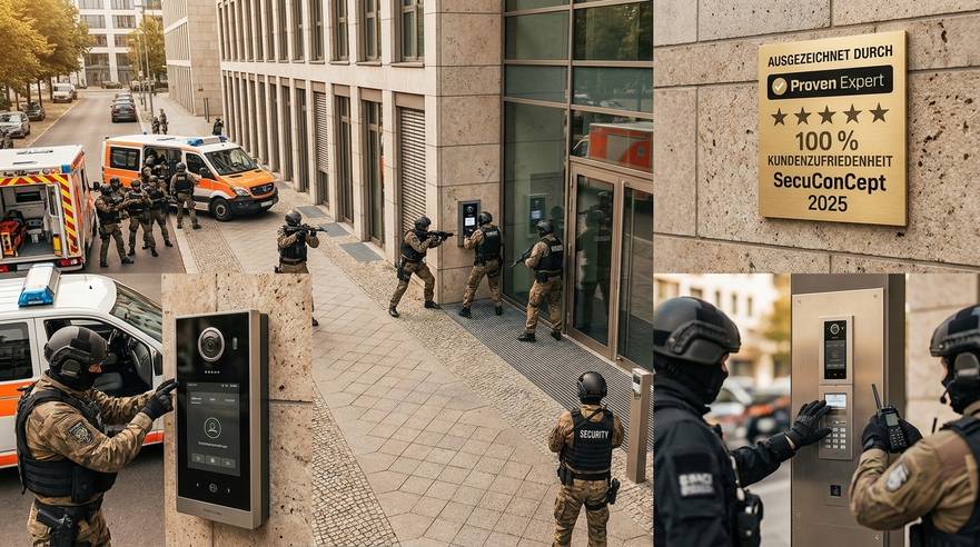 Moderner Sicherheitsdienst vor einem Bürogebäude in Berlin
