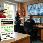 Zwei Sicherheitsmitarbeiter überwachen mehrere Monitore in einer Leitstelle, während ein Feuerlöscher und ein SecuConcept-2025-Siegel im Vordergrund stehen.