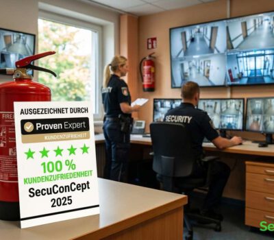 Zwei Sicherheitsmitarbeiter überwachen mehrere Monitore in einer Leitstelle, während ein Feuerlöscher und ein SecuConcept-2025-Siegel im Vordergrund stehen.