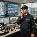 Im modernen Sicherheitsbüro überwachen Mitarbeiter mehrere Kamerabilder, während ein Kollege per Funk spricht und ein Monitor „Sicherheitsdienst Köln“ zeigt.