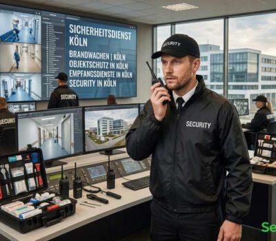 Im modernen Sicherheitsbüro überwachen Mitarbeiter mehrere Kamerabilder, während ein Kollege per Funk spricht und ein Monitor „Sicherheitsdienst Köln“ zeigt.