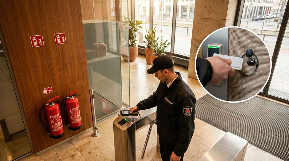 Professioneller Sicherheitsdienst vor modernem Unternehmensgebäude