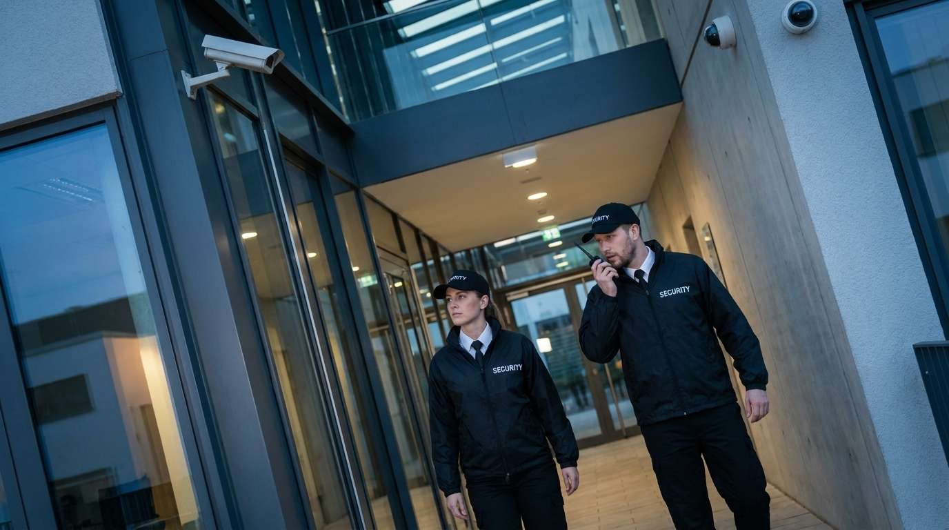 Sicherheitsmitarbeiter vor modernem Unternehmensgebäude