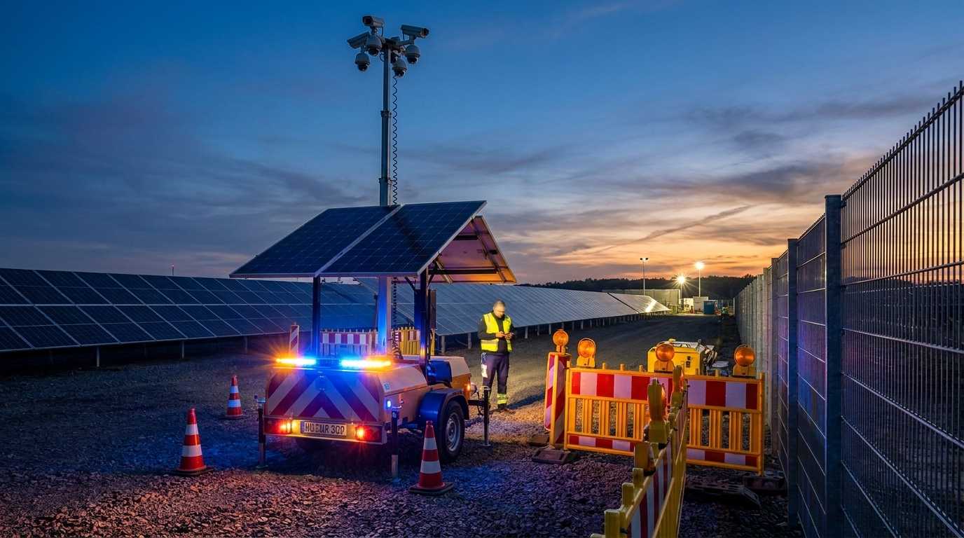 Moderner Solarpark mit Sicherheitszaun und Kameras