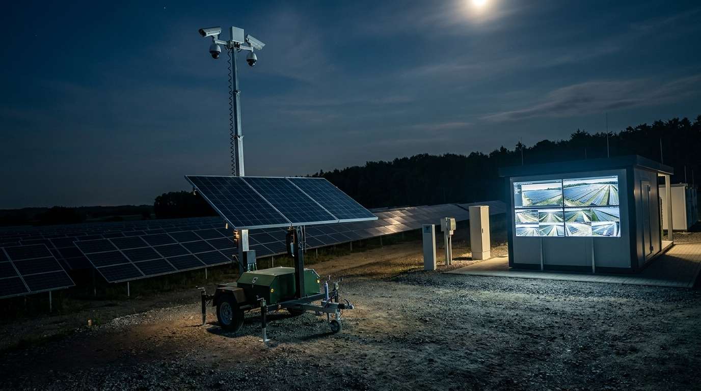 Videoturm an einem Solarpark in der Nacht